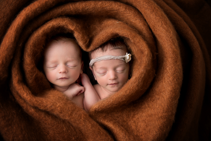 Newborn twins in a heart shaped blanket, San Diego newborn photographer