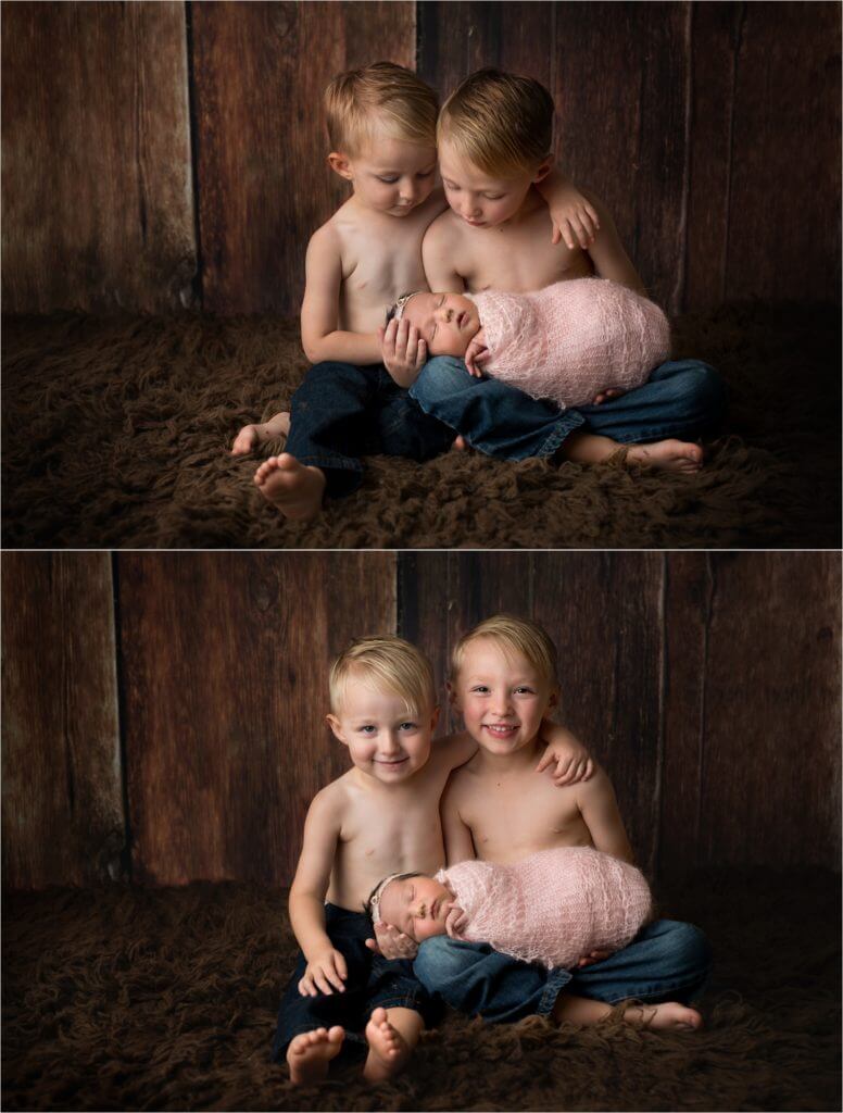 Angela Beransky Photography, San Diego newborn photographer, Newborn baby, Infant, baby photography, siblings with newborn, three kids, newborn with older siblings, baby wrapped in mohair wrap.