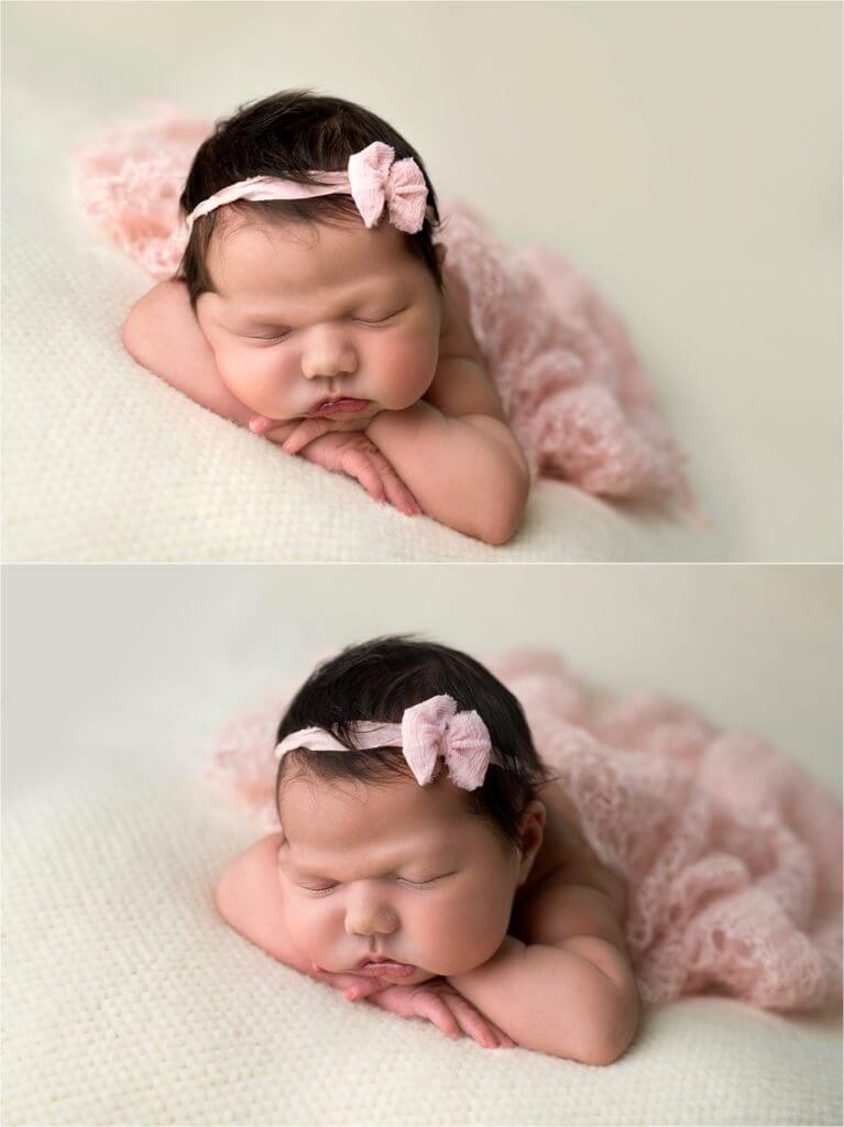 Angela Beransky Photography, San Diego newborn photographer, Newborn baby, Infant, baby photographer, baby laying on the beige blanket, chin up pose with mohair wrap.