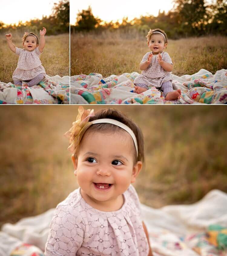 San Diego Photographer. Angela Beransky photography. Family with three kids. Los Penasquitos canyon. Sunset light. infant sitting on the rustic blanket