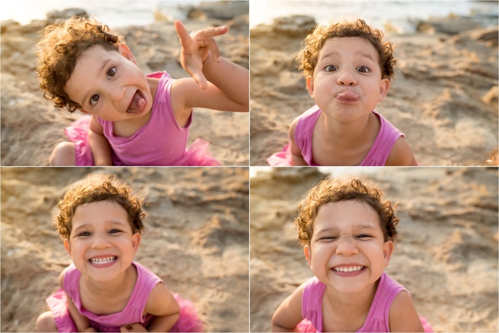 San Diego Family Photographer, Family Portraits San Diego, Windansea Beach, Wind and Sea beach, Family session with three kids . 3 year old girl goofing around.