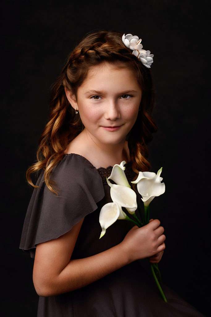 fine art studio portrait of a girl holding flowers, best San Diego portrait studio, best San Diego newborn photographer