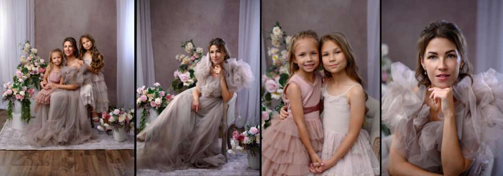 mothers dayminisession mom and twodaughters in beautiful dresses in a studio set up